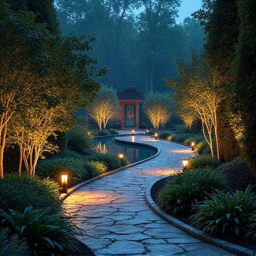 A beautifully lit garden path and water feature.